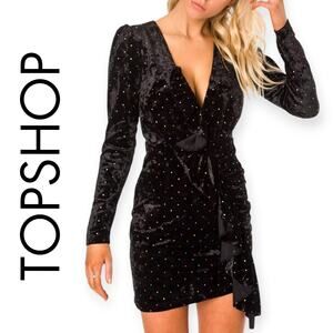 Topshop NWT Sz 6 Black Velvet Rainbow Stud Ruffle Front Open Back Cocktail Dress